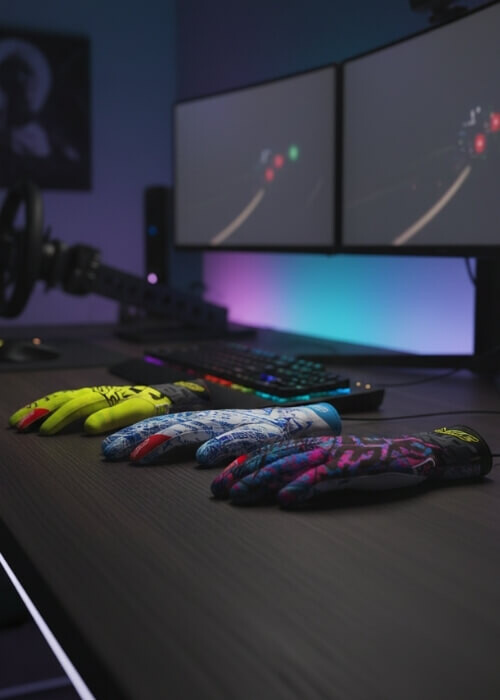 verschiedene 32five SimRacing Gloves nebeneinander auf Tisch
