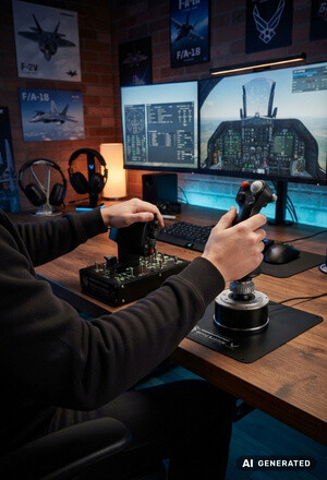 Flugsimulator Zubehör wird von Mann benutzt