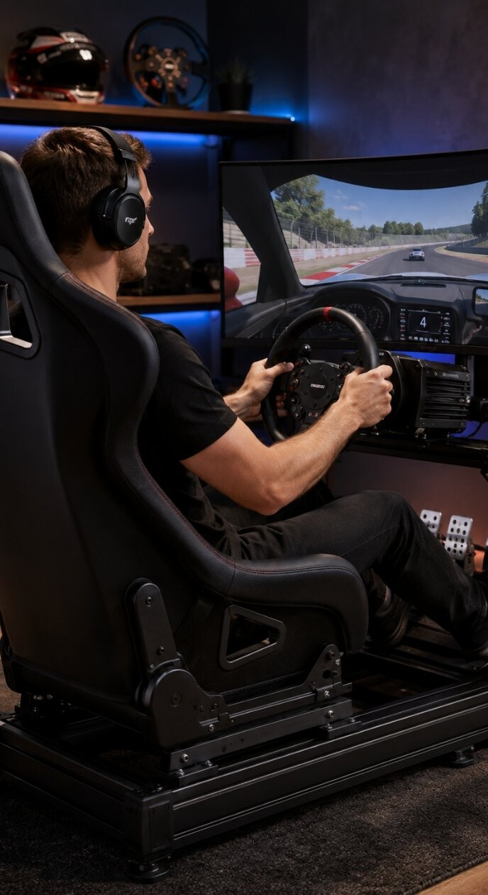 Mann ist in SimRacing Sitzposition