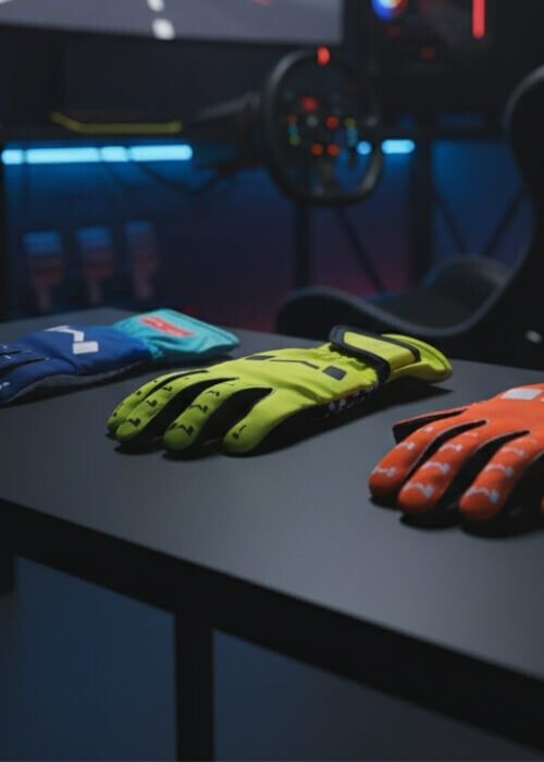 Moradness SimRacing Handschuhe nebeneinander auf Tisch