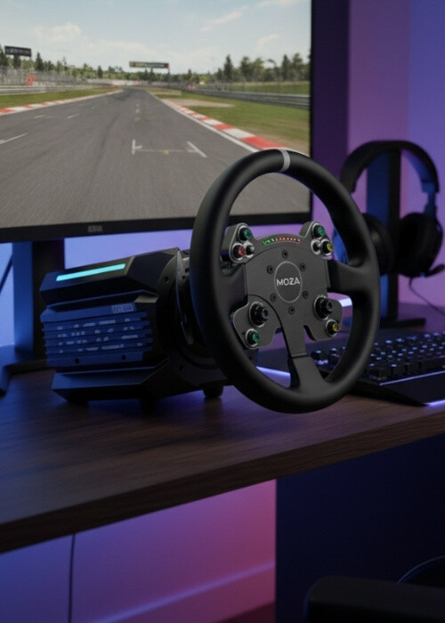 Moza Produkt auf Tisch vor Gaming Set Up