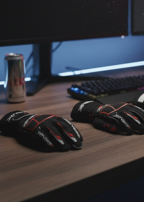 Simagic SimRacing Handschuhe nebeneinander auf Tisch
