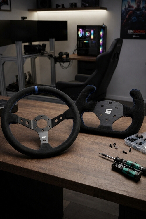 SimRaceShop Lenkrad liegt auf Tisch neben Werkzeug