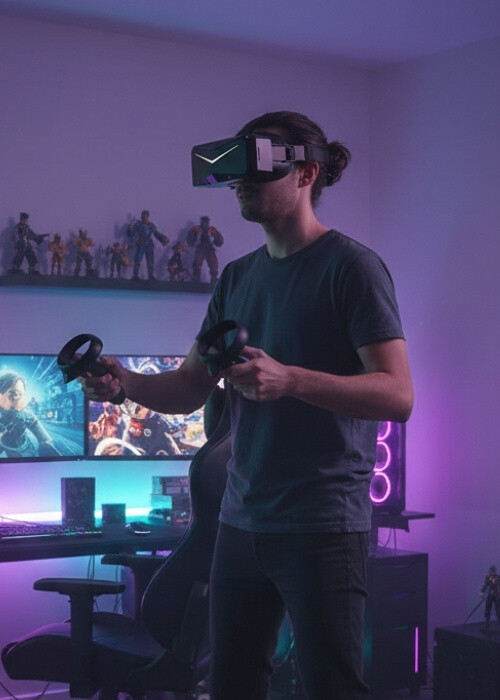 VR Brille für SimRacing wird von Mann benutzt