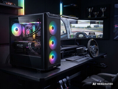 SimRacing PC steht auf einem Tisch neben Monitor