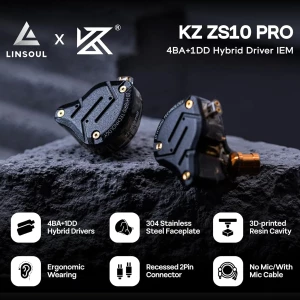 LINSOUL KZ ZS10 Pro In-Ear Headphones, Dark Black